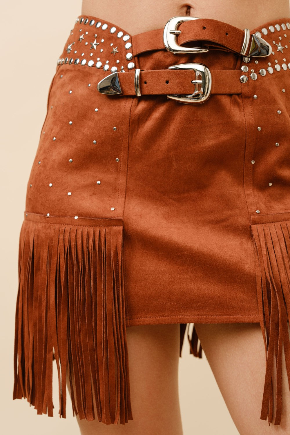 Double Belted Star Studded Suede Fringe Mini Skirt - RARA Boutique