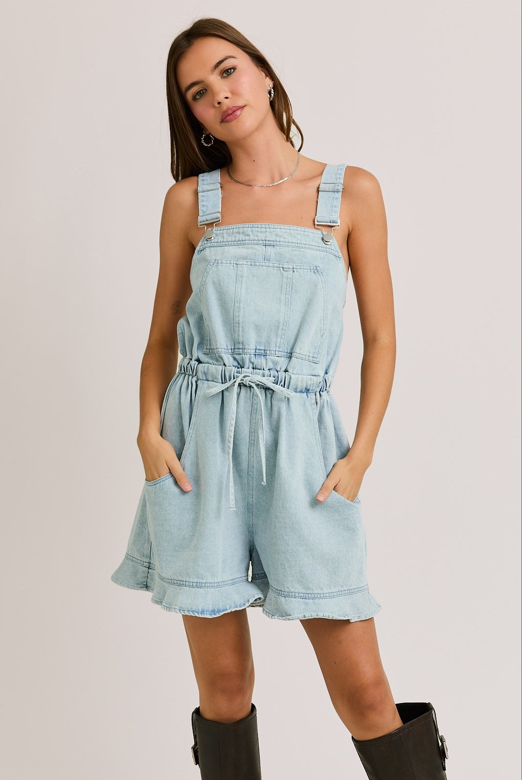 Ruffle Hem Open Back Denim Short Overalls - Le Lis - RARA Boutique