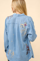 Embroidered Western Cowgirl Tencil Denim Shirt Blouse - Blue B - RARA Boutique