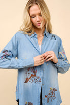 Embroidered Western Cowgirl Tencil Denim Shirt Blouse - Blue B - RARA Boutique