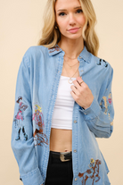 Embroidered Western Cowgirl Tencil Denim Shirt Blouse - Blue B - RARA Boutique