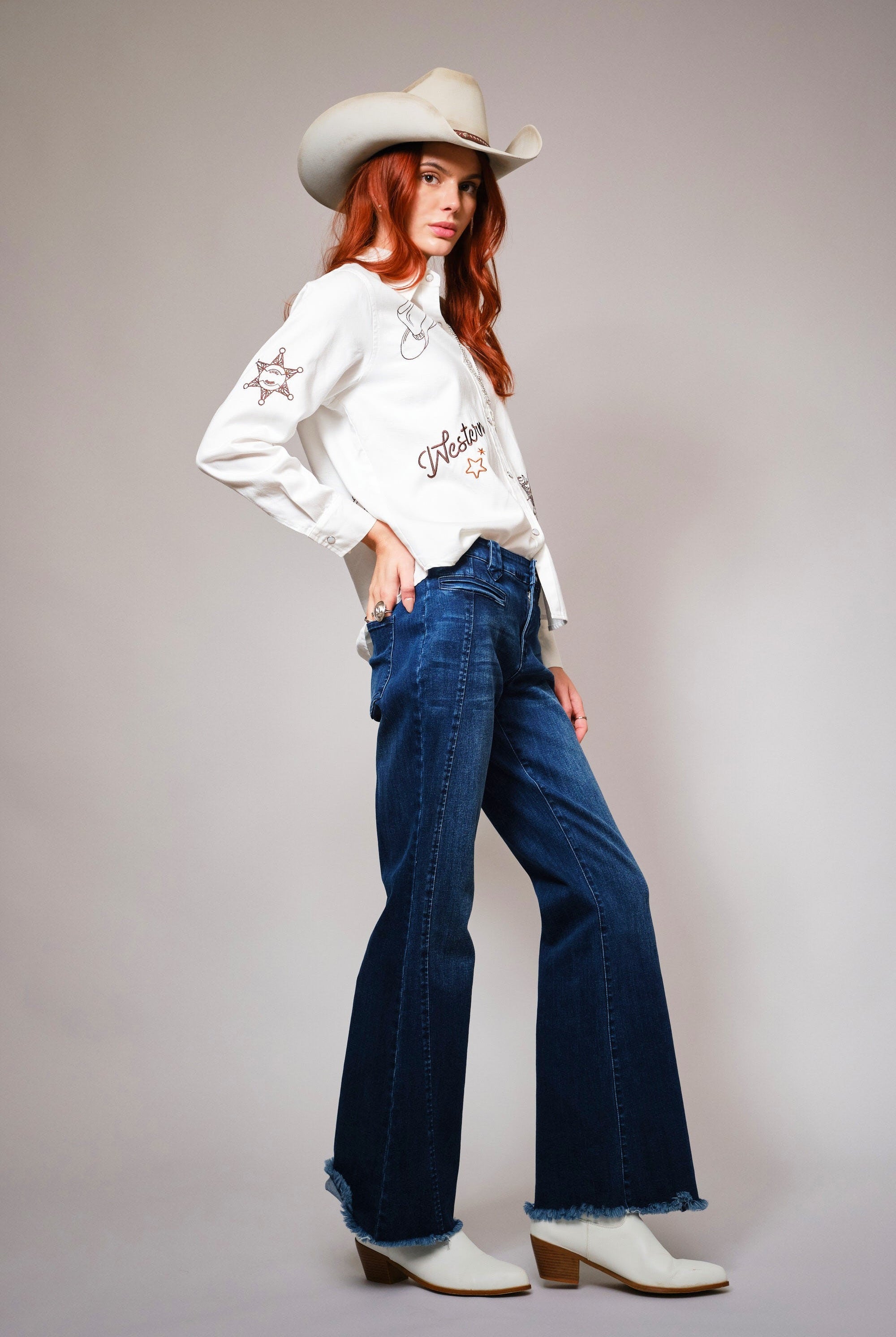 Western Ebroidered Snap Button Chambray Shirt Blouse - Blue B - RARA Boutique