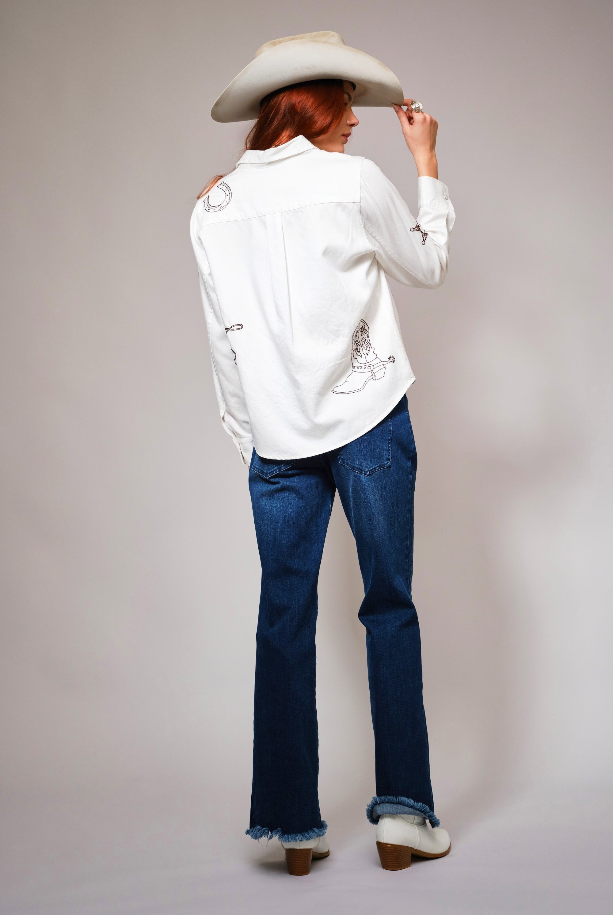 Western Ebroidered Snap Button Chambray Shirt Blouse - Blue B - RARA Boutique