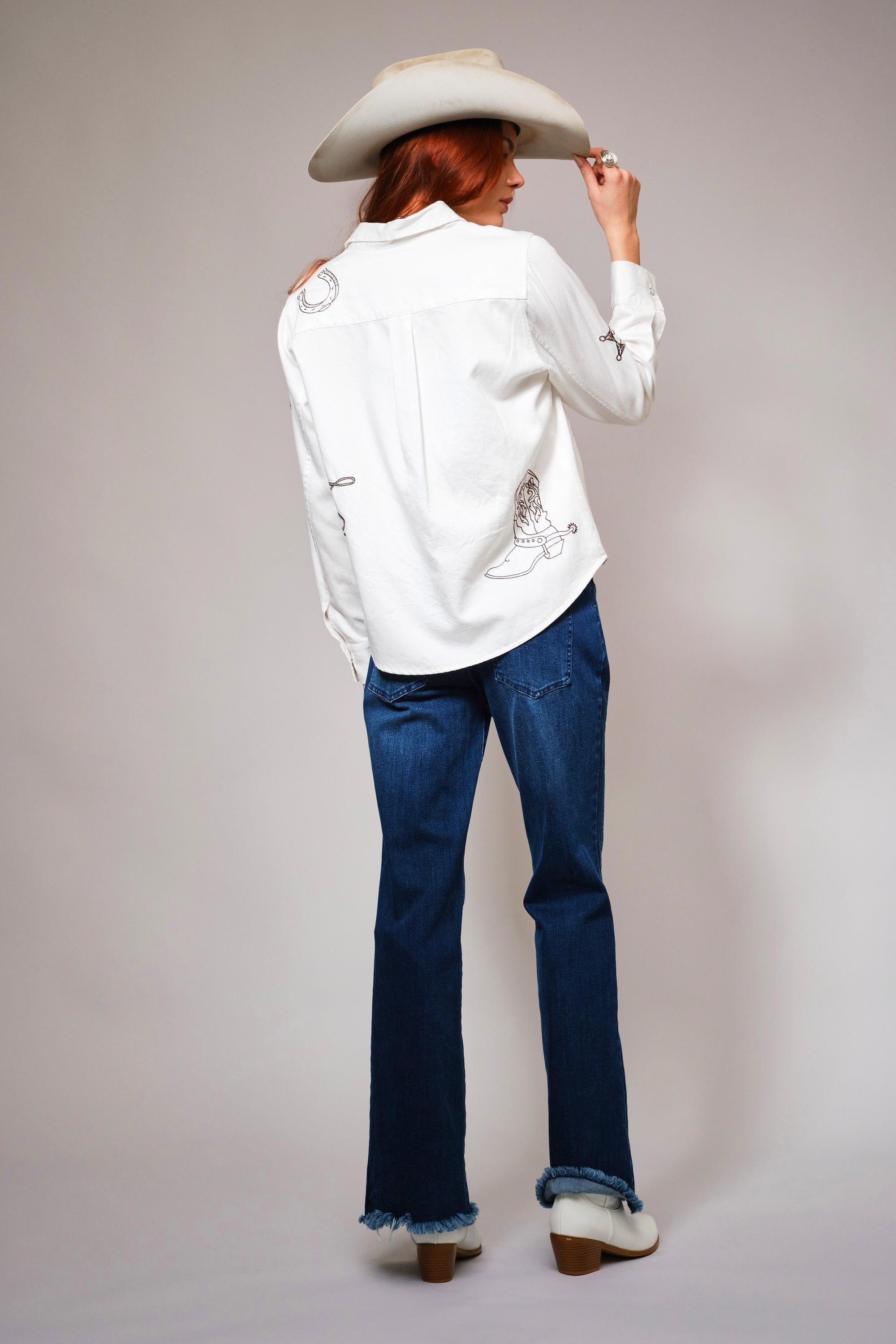 Western Ebroidered Snap Button Chambray Shirt Blouse - Blue B - RARA Boutique