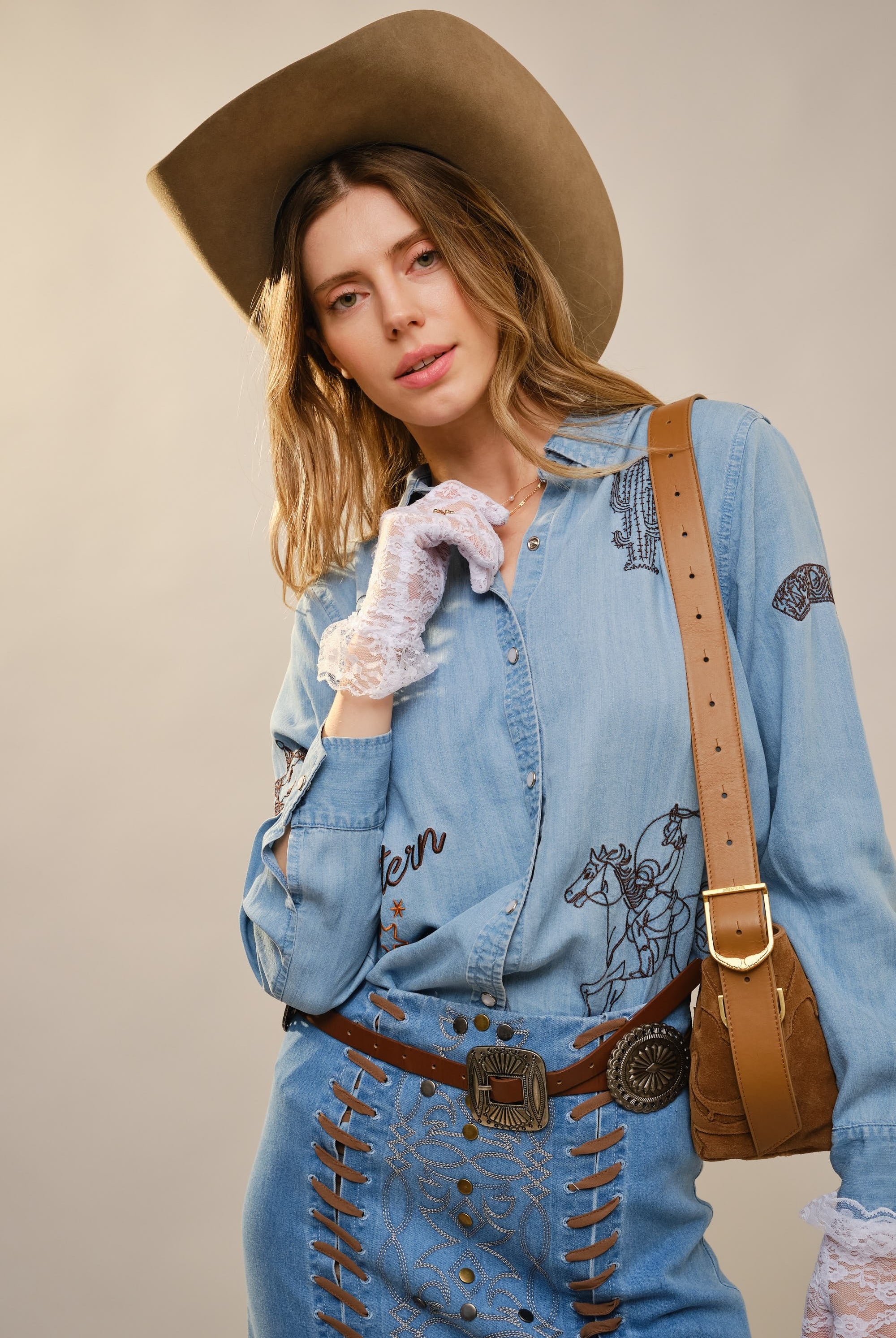 Western Ebroidered Snap Button Chambray Shirt Blouse - Blue B - RARA Boutique