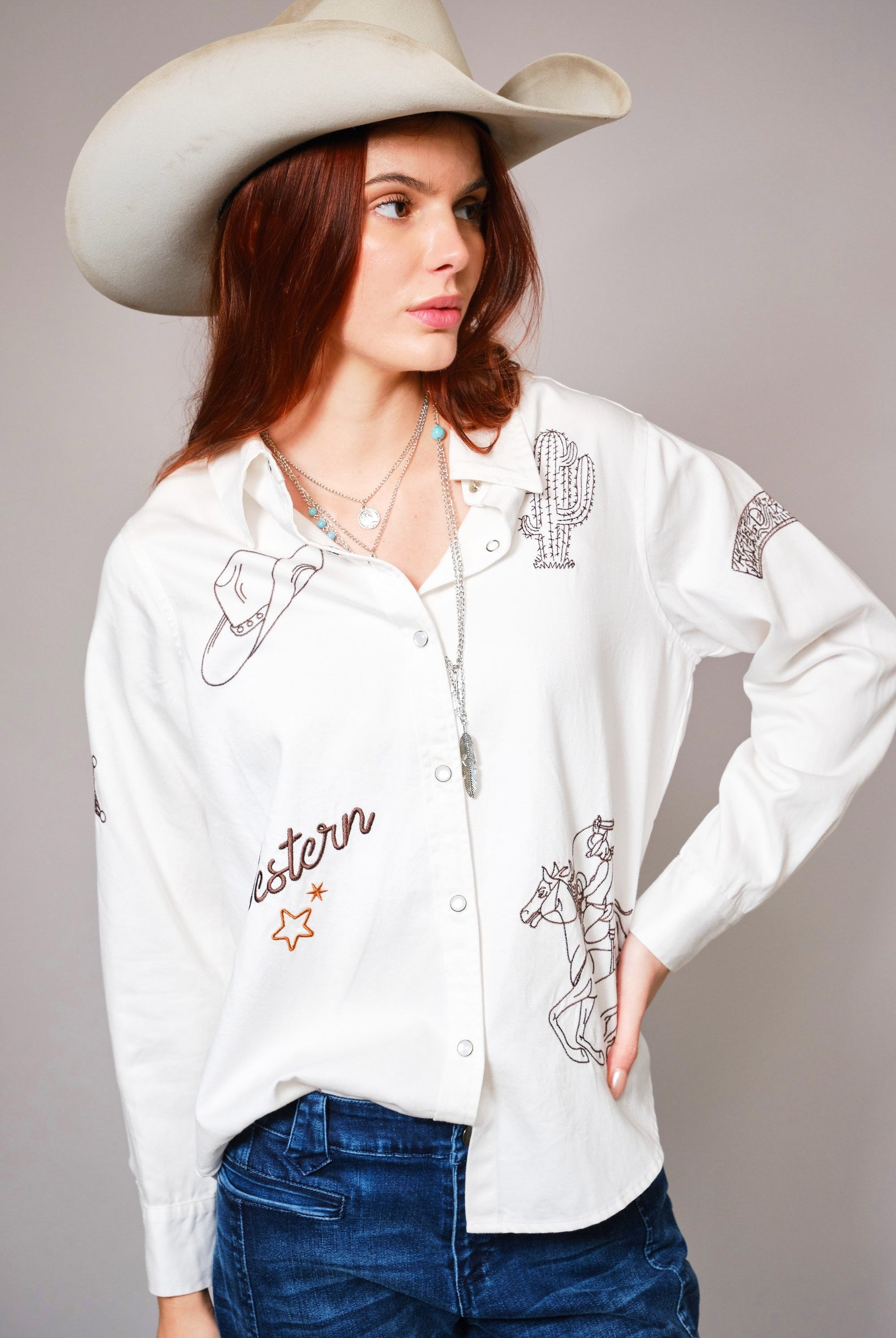 Western Ebroidered Snap Button Chambray Shirt Blouse - Blue B - RARA Boutique