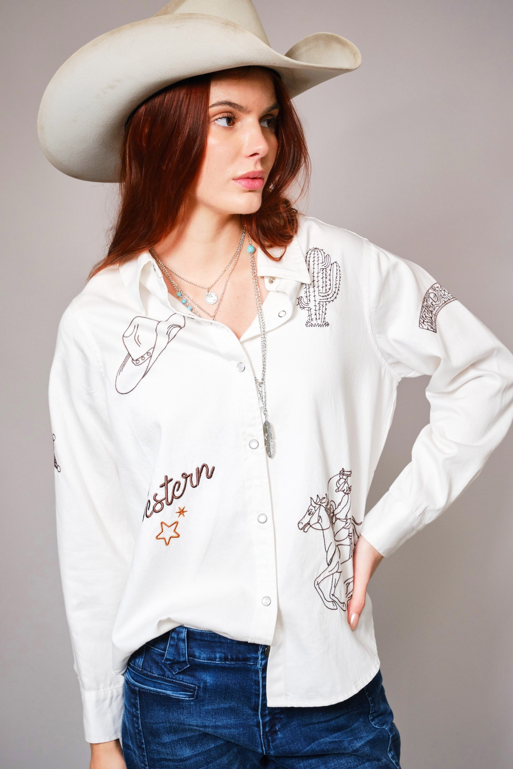 Western Ebroidered Snap Button Chambray Shirt Blouse - Blue B - RARA Boutique