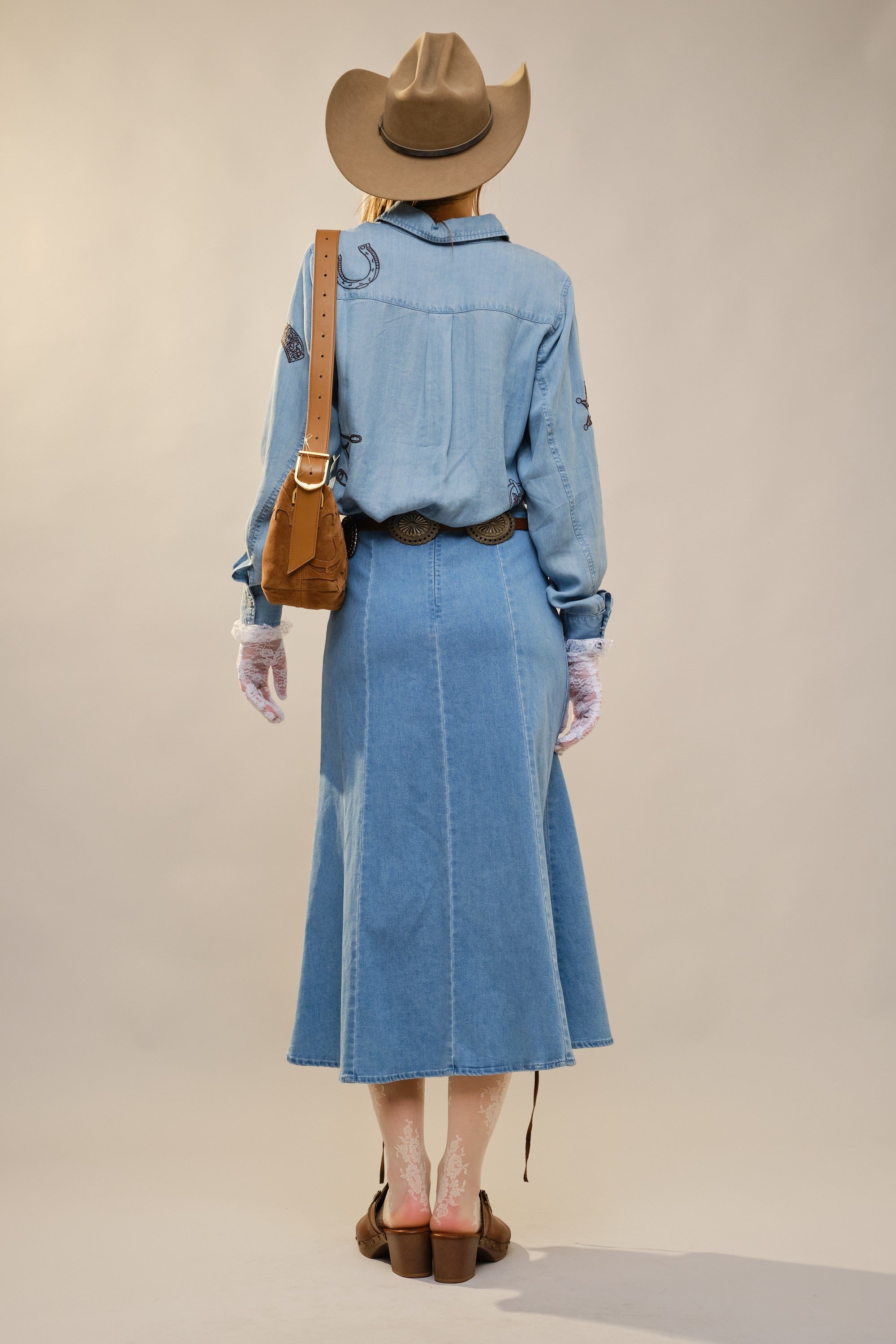 Western Ebroidered Snap Button Chambray Shirt Blouse - Blue B - RARA Boutique