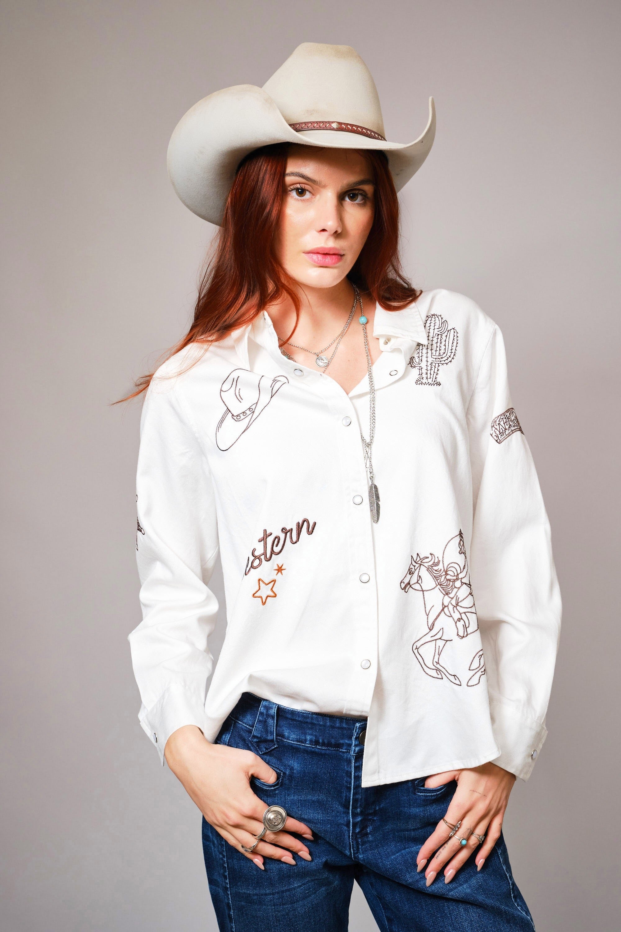 Western Ebroidered Snap Button Chambray Shirt Blouse - Blue B - RARA Boutique