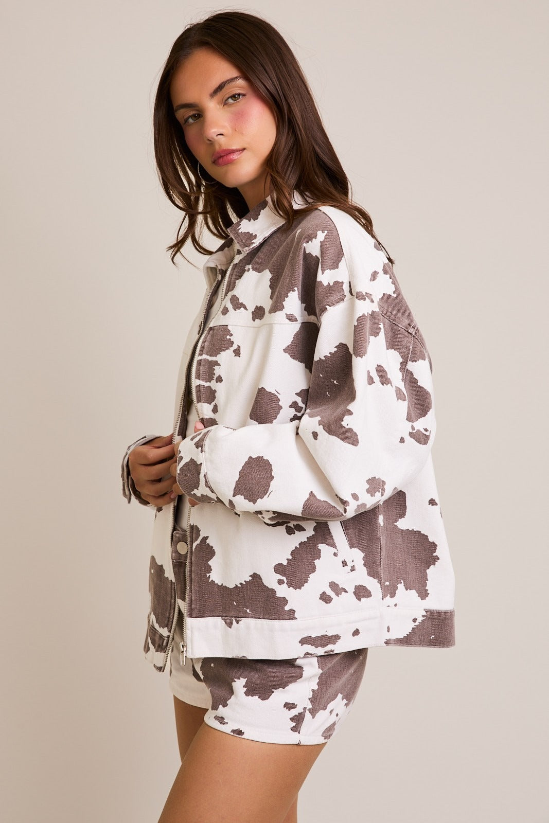 Oversized Denim Cow Print Zipper Utility Jacket - Le Lis - RARA Boutique
