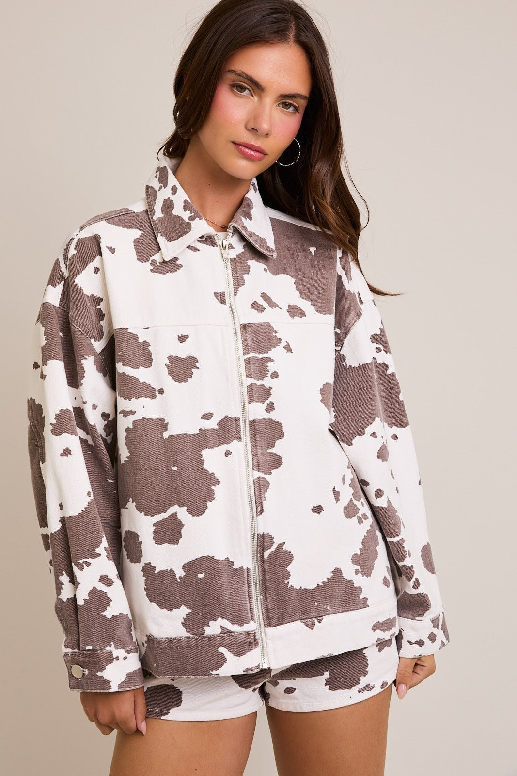 Oversized Denim Cow Print Zipper Utility Jacket - Le Lis - RARA Boutique