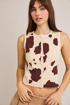 Cow Print Button Front Sleeveless Sweater Top - Le Lis - RARA Boutique
