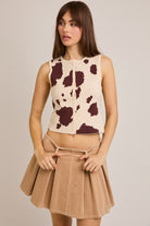 Cow Print Button Front Sleeveless Sweater Top - Le Lis - RARA Boutique