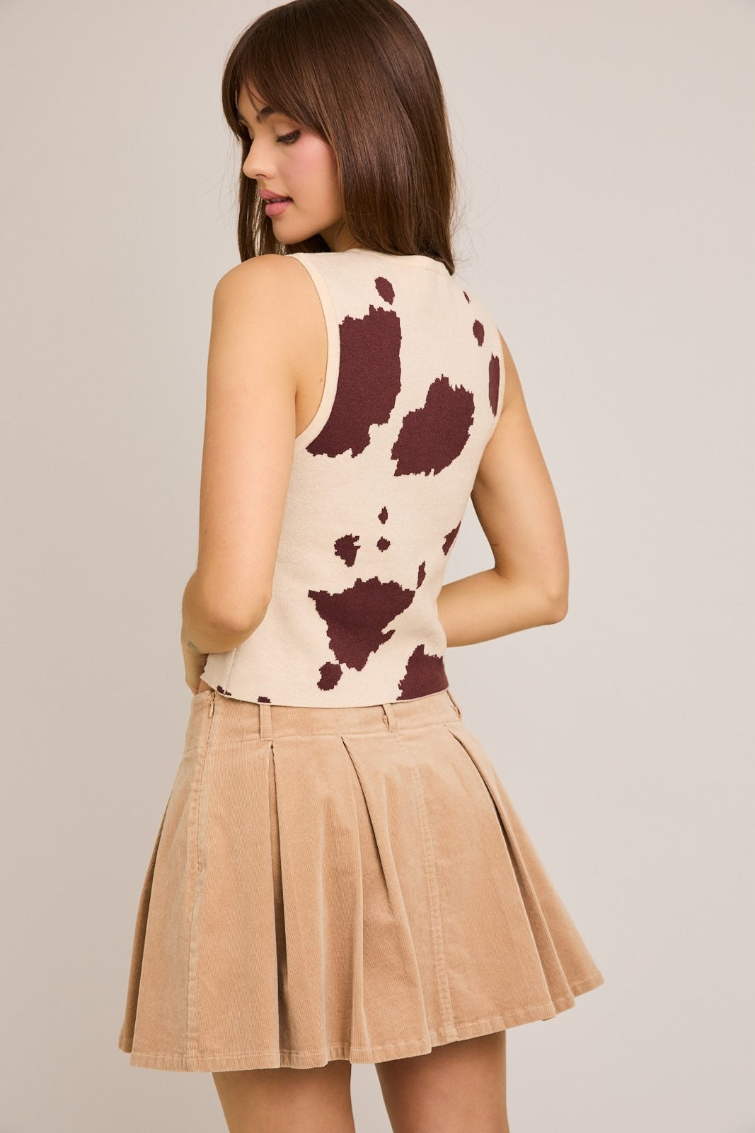 Cow Print Button Front Sleeveless Sweater Top - Le Lis - RARA Boutique