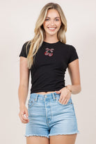 Bow Cherry Magic 8-Ball Rhinestone Baby Tee - RARA Boutique
