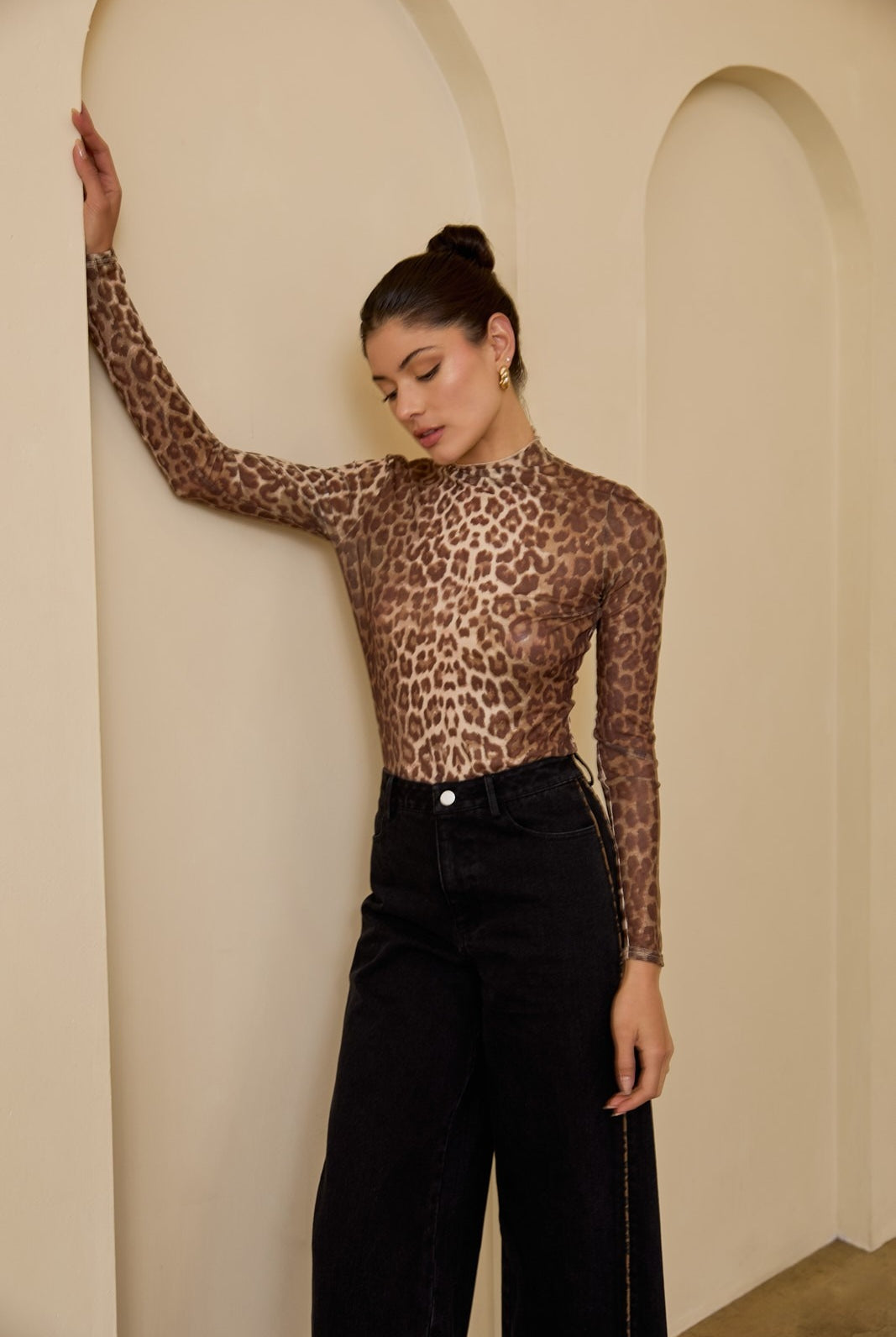 Mock Neck Long Sleeve Leopard Print Mesh Top - Sunday Edition - RARA Boutique
