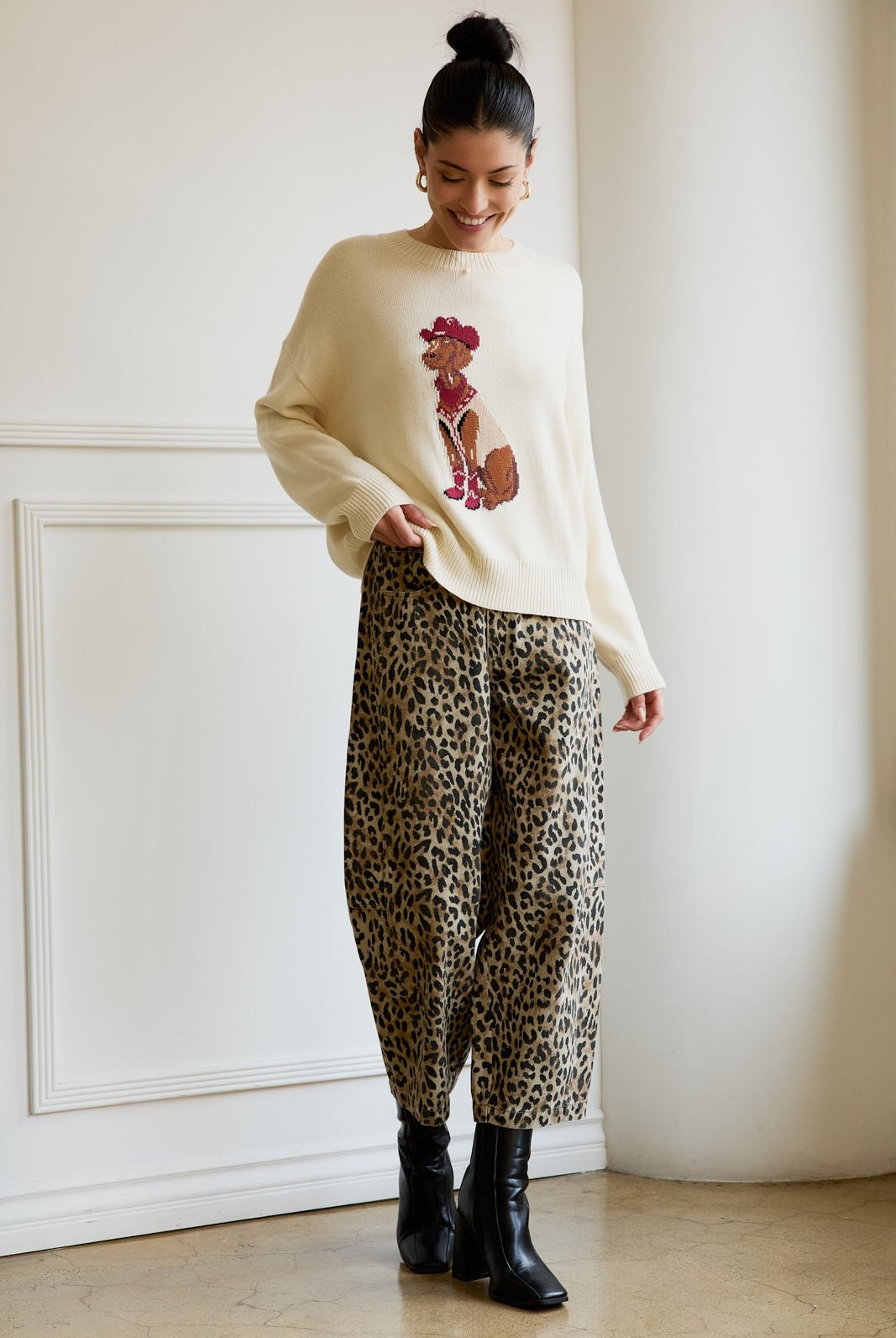High Waist Leopard Print Barrel Jeans with Elastic Waist - Sunday Edition - RARA Boutique