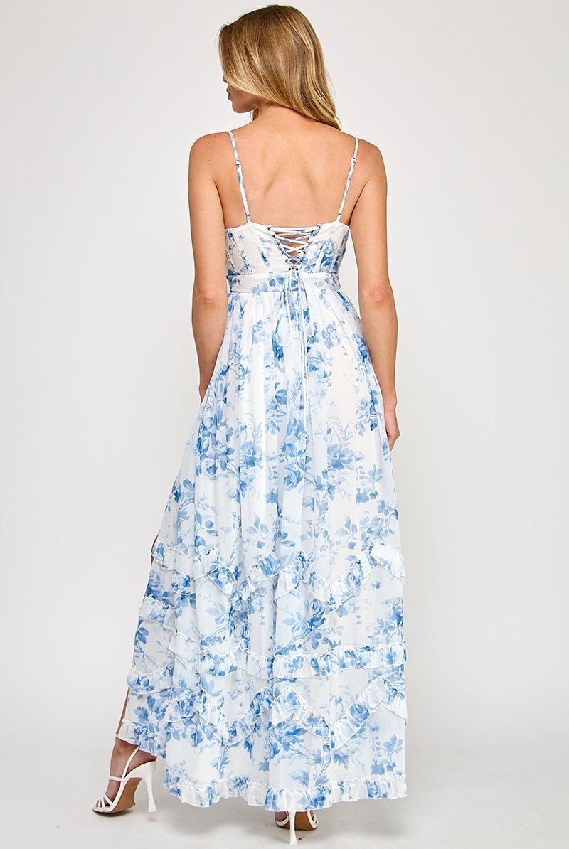 Floral Print Chiffon Corset Frill Maxi Dress with Leg Slit - RARA Boutique