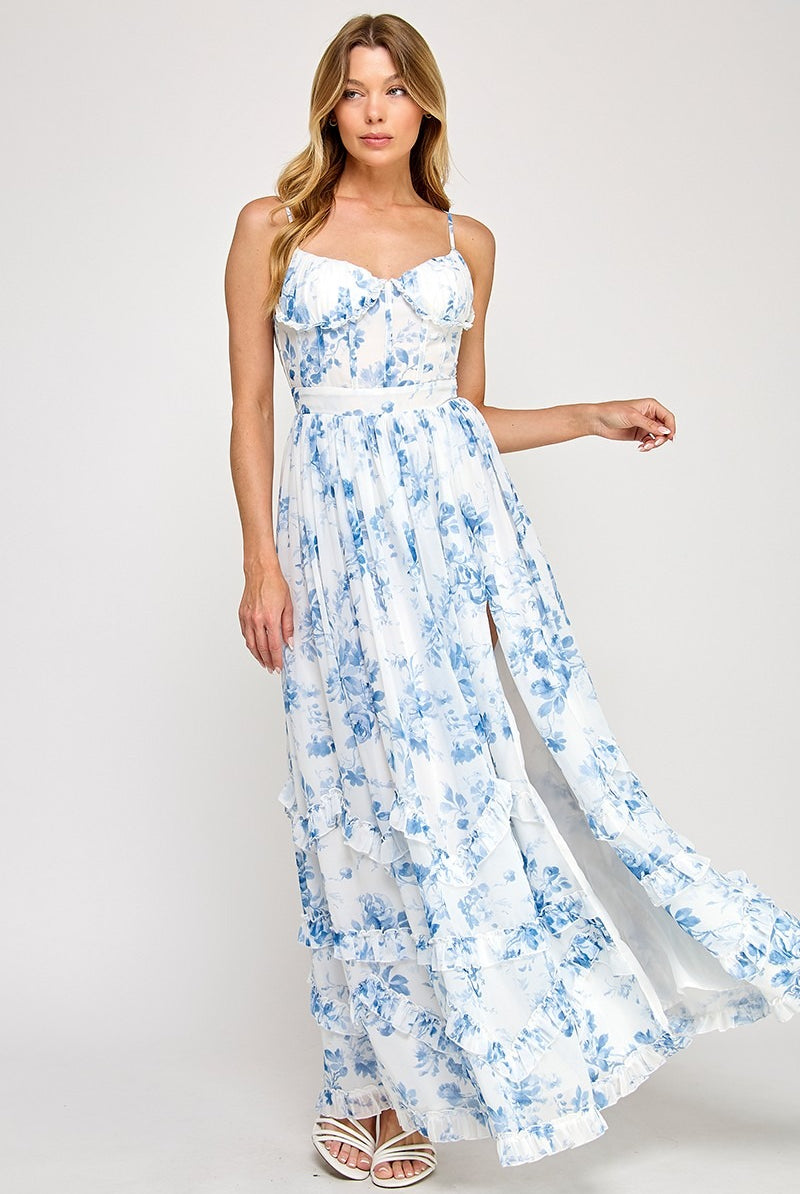 Floral Print Chiffon Corset Frill Maxi Dress with Leg Slit - RARA Boutique