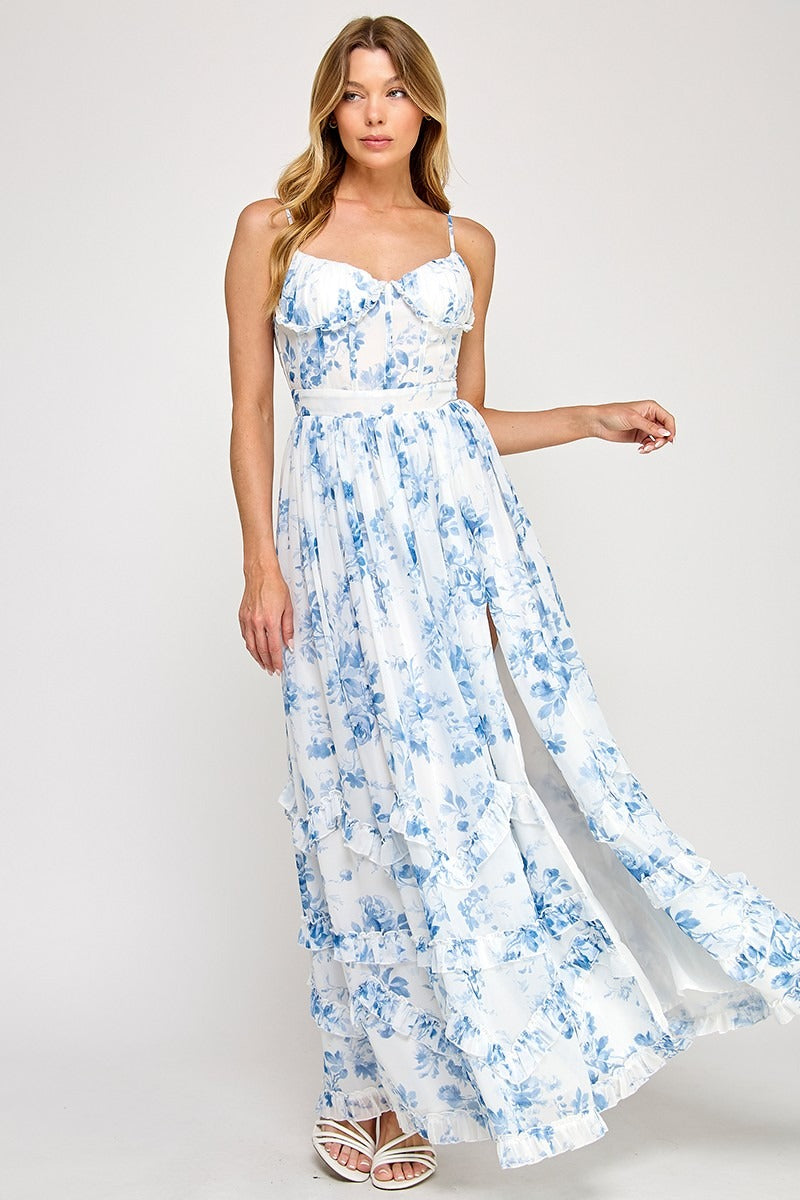 Floral Print Chiffon Corset Frill Maxi Dress with Leg Slit - RARA Boutique