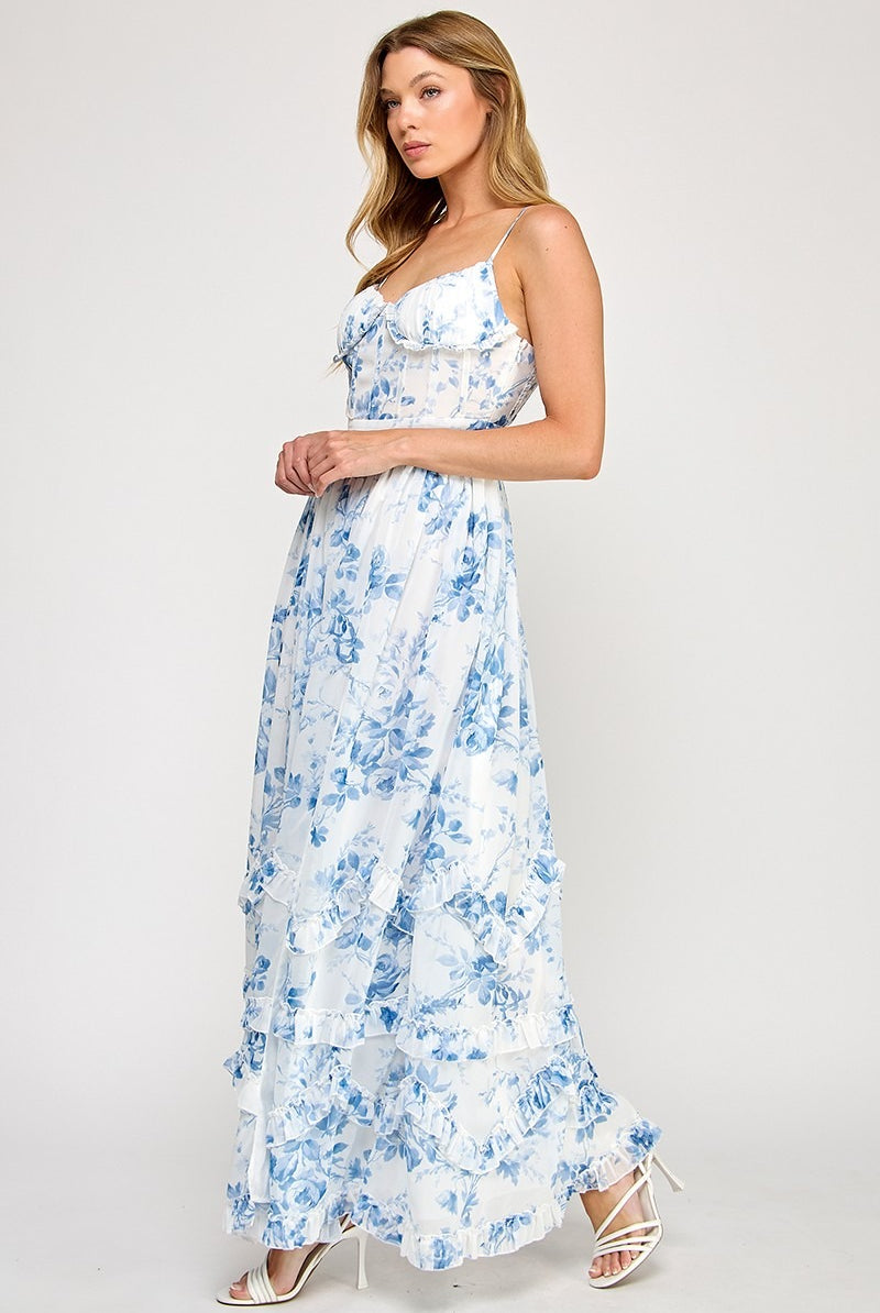 Floral Print Chiffon Corset Frill Maxi Dress with Leg Slit - RARA Boutique