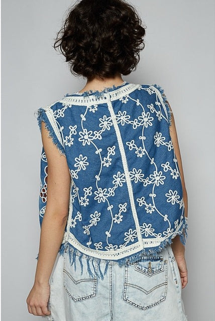 RARA Boutique embroidered floral frayed hem denim vest, stylish sleeveless jacket with colorful floral embroidery and distressed hem detailing.