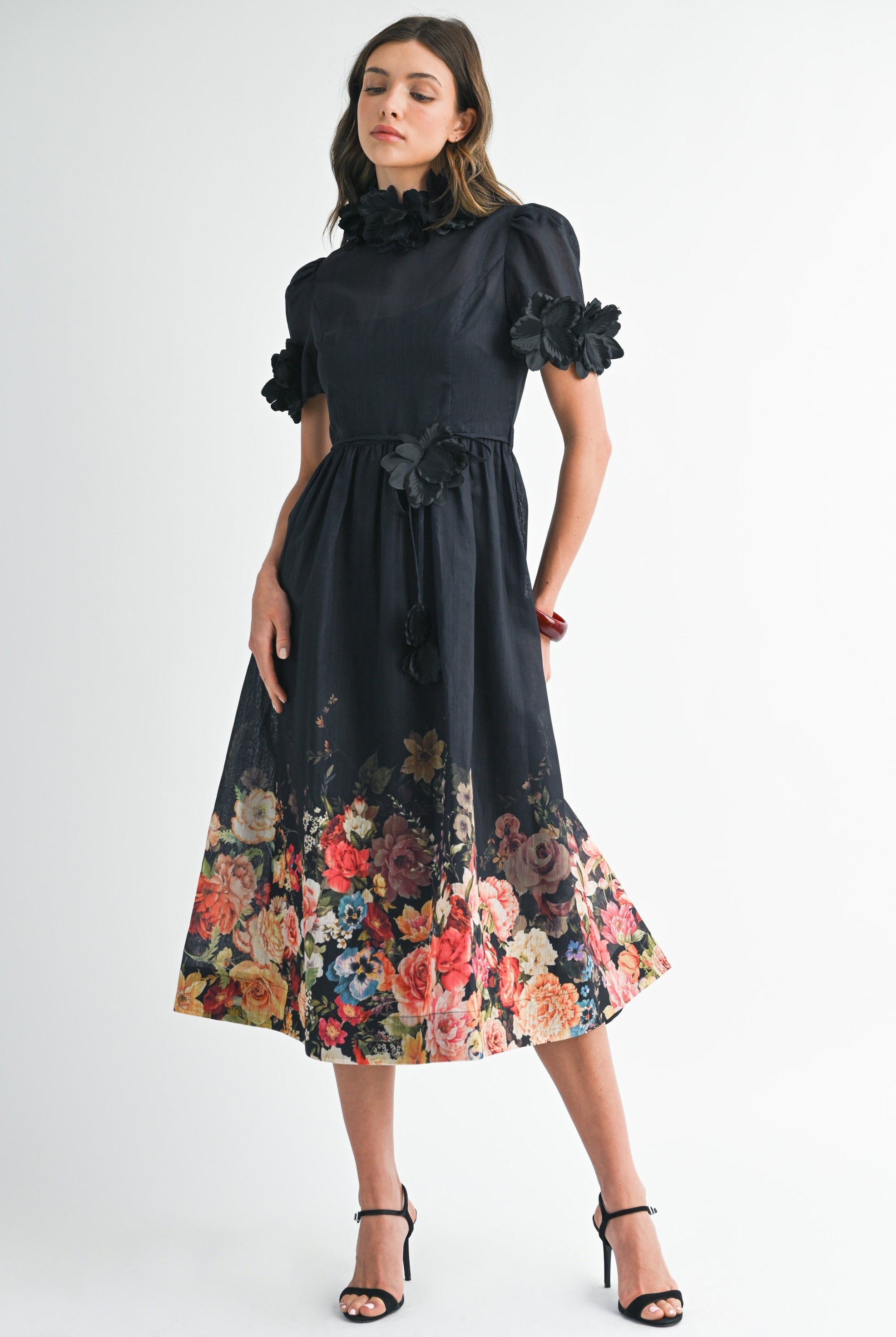 3D Floral Trim High Neck Short Sleeve Midi Dress - EB Luxe - RARA Boutique