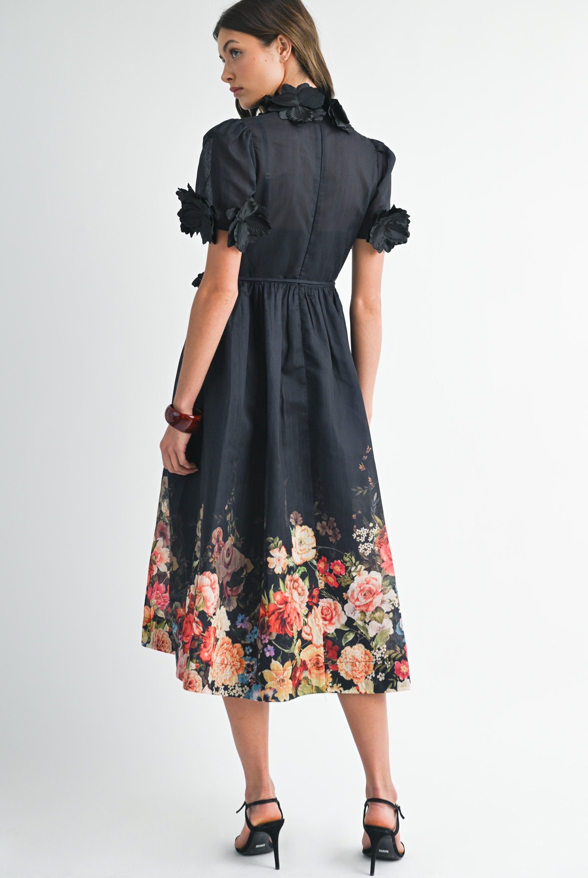 3D Floral Trim High Neck Short Sleeve Midi Dress - EB Luxe - RARA Boutique