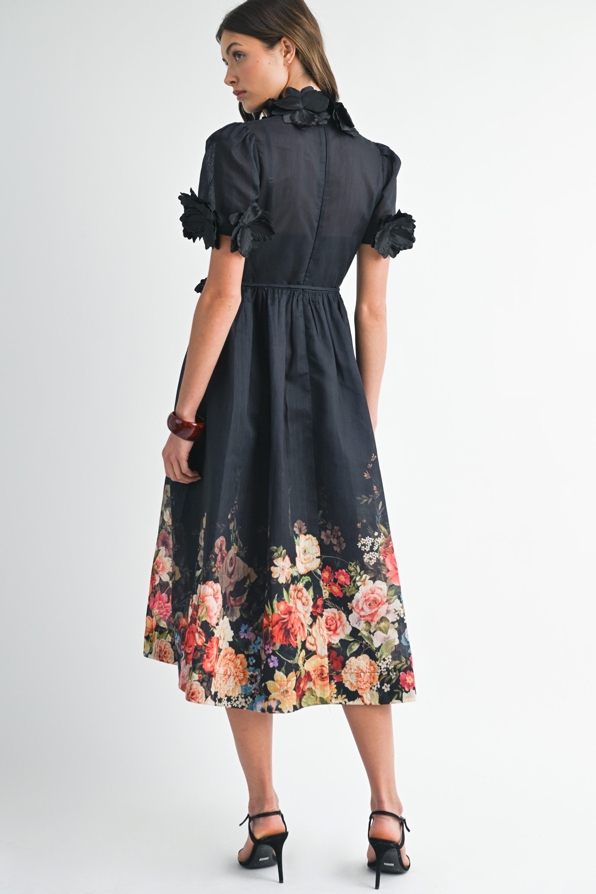 3D Floral Trim High Neck Short Sleeve Midi Dress - EB Luxe - RARA Boutique