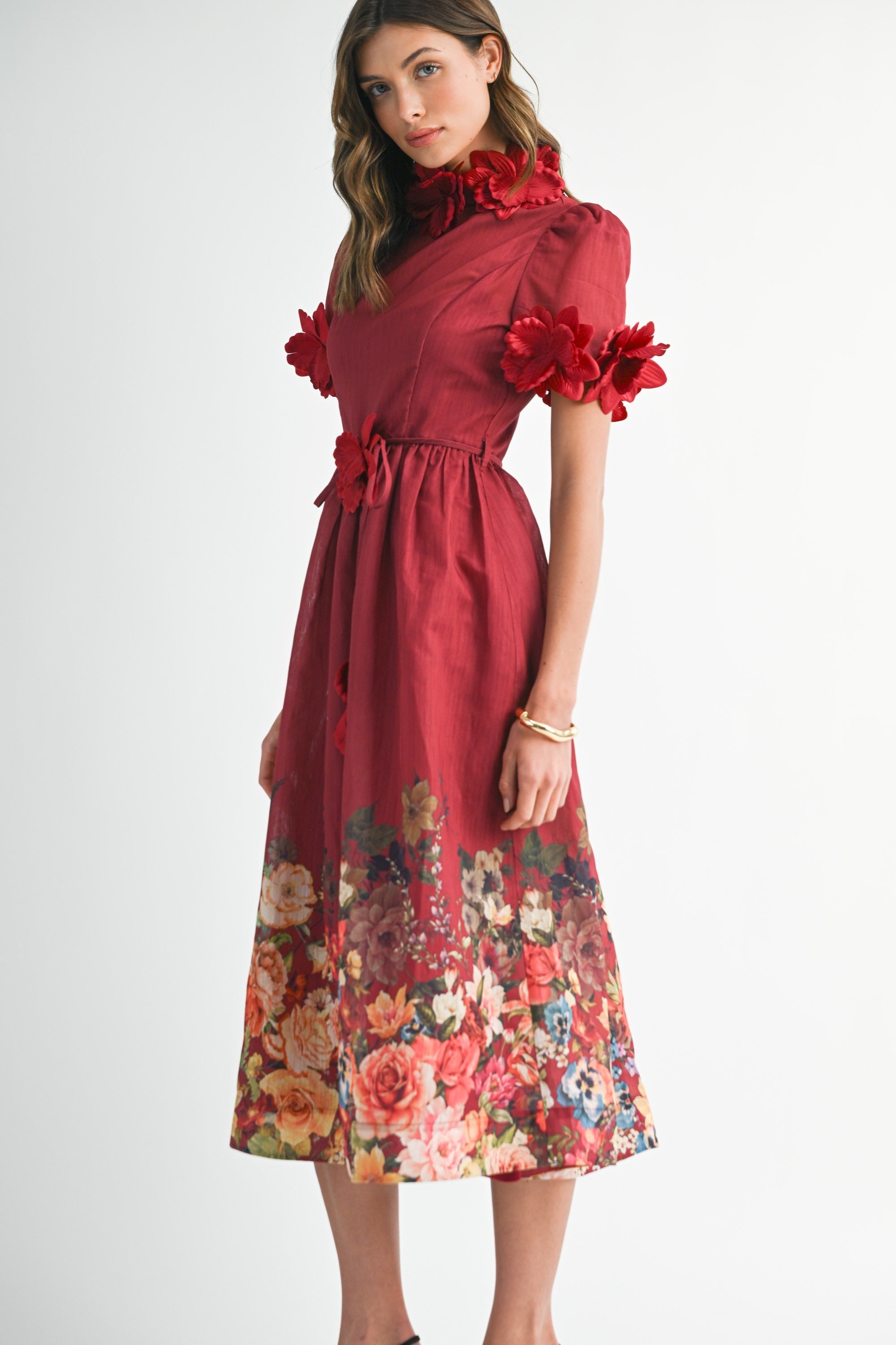 3D Floral Trim High Neck Short Sleeve Midi Dress - EB Luxe - RARA Boutique