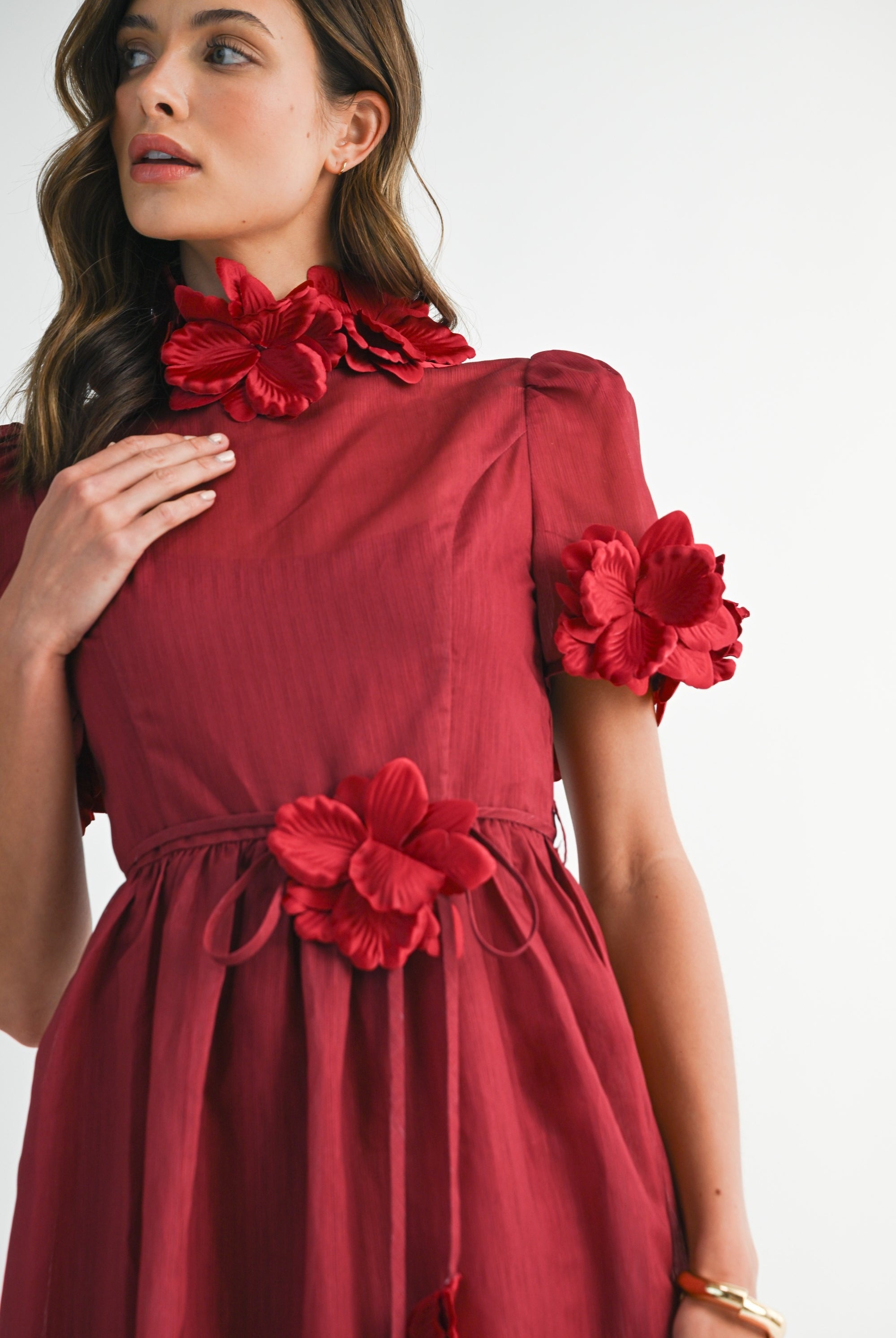 3D Floral Trim High Neck Short Sleeve Midi Dress - EB Luxe - RARA Boutique