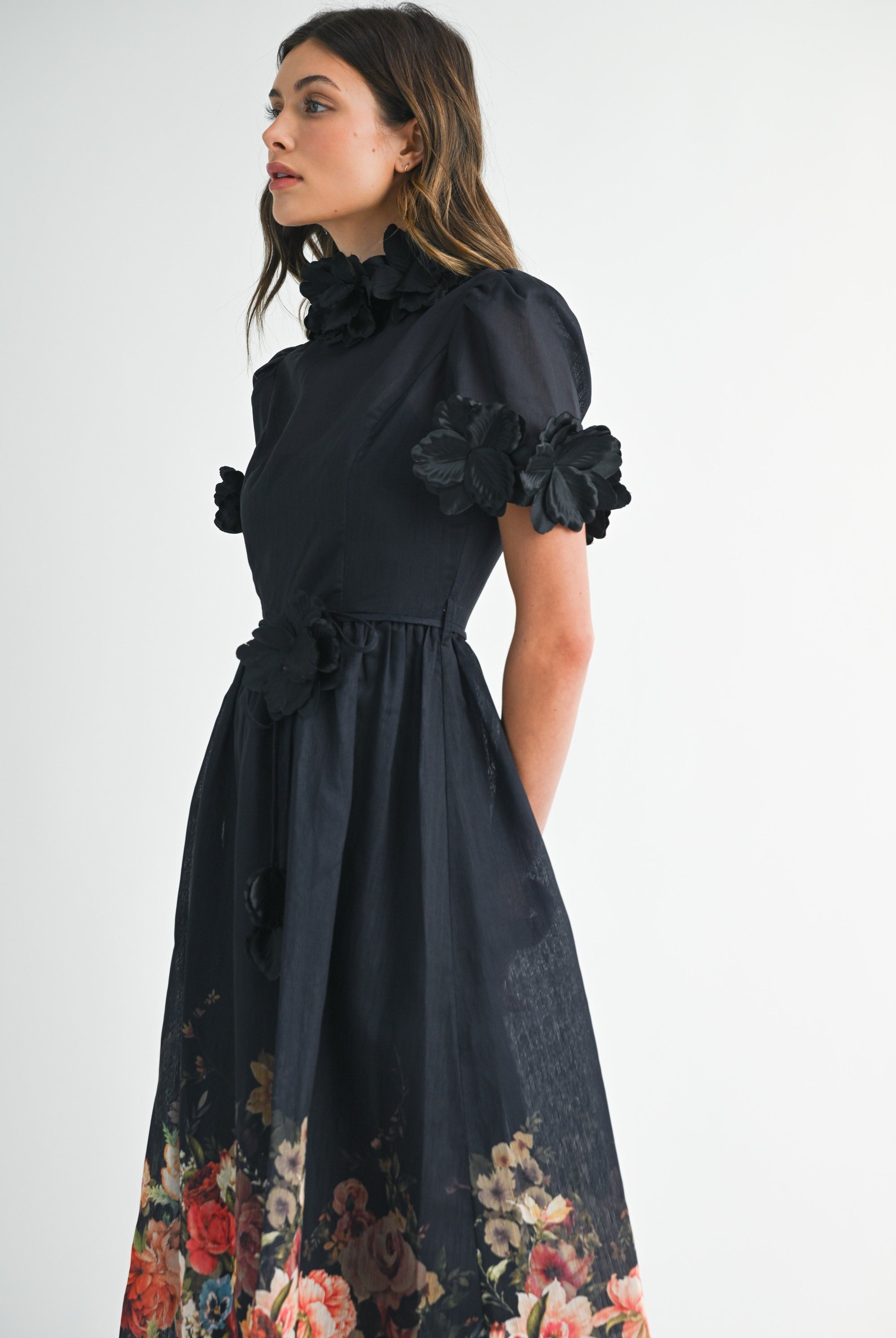 3D Floral Trim High Neck Short Sleeve Midi Dress - EB Luxe - RARA Boutique