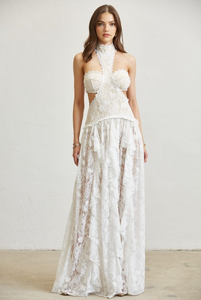 Lace Ruffle Drop Waist Maxi Dress with Cutouts - BLITHE - RARA Boutique