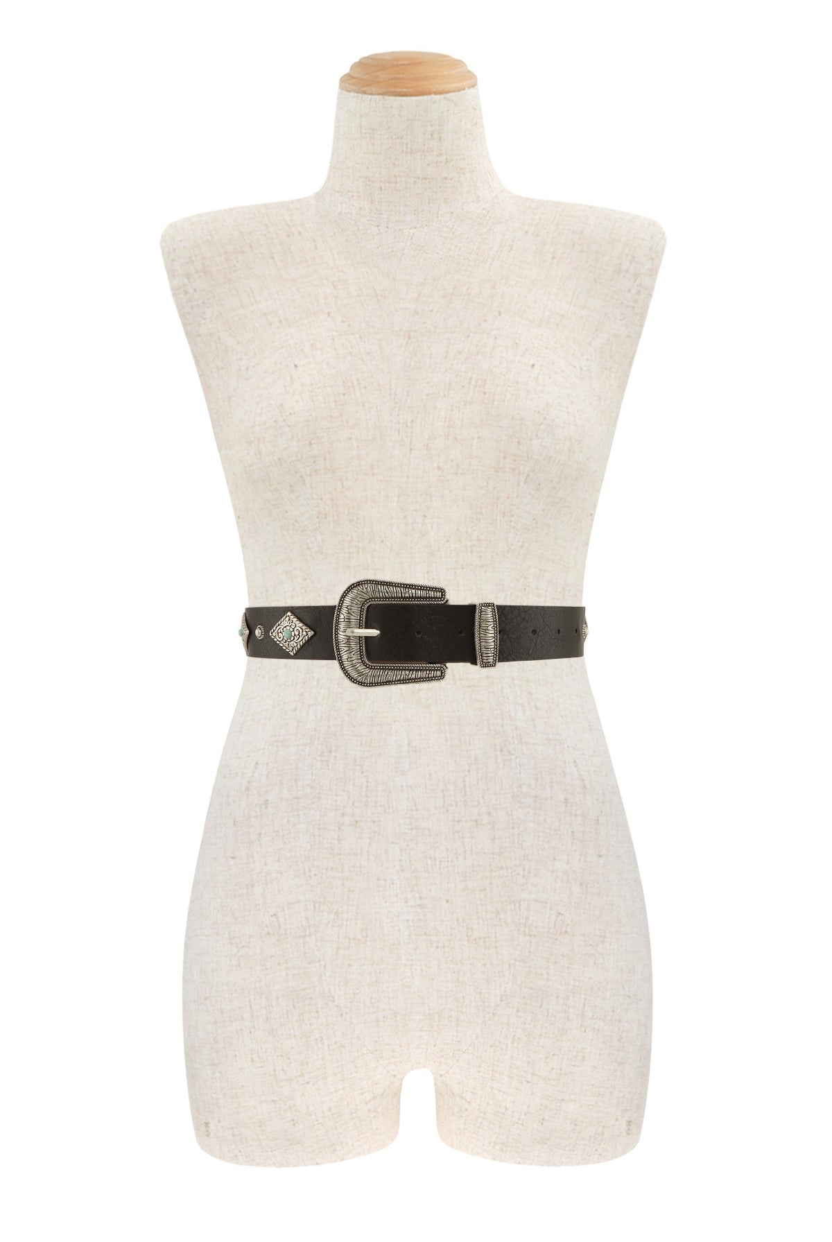 Turquoise beaded Western diamond concho leather belt with silver accents, stylish accessory from RARA Boutique.