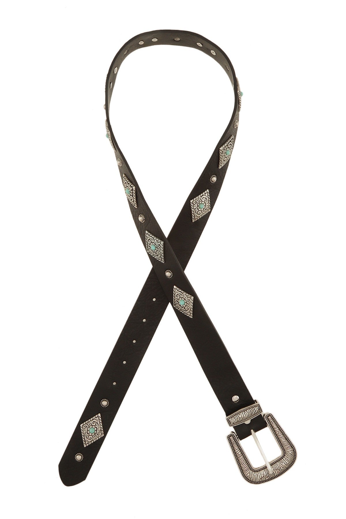 Turquoise beaded Western diamond concho leather belt with silver accents, stylish accessory from RARA Boutique.