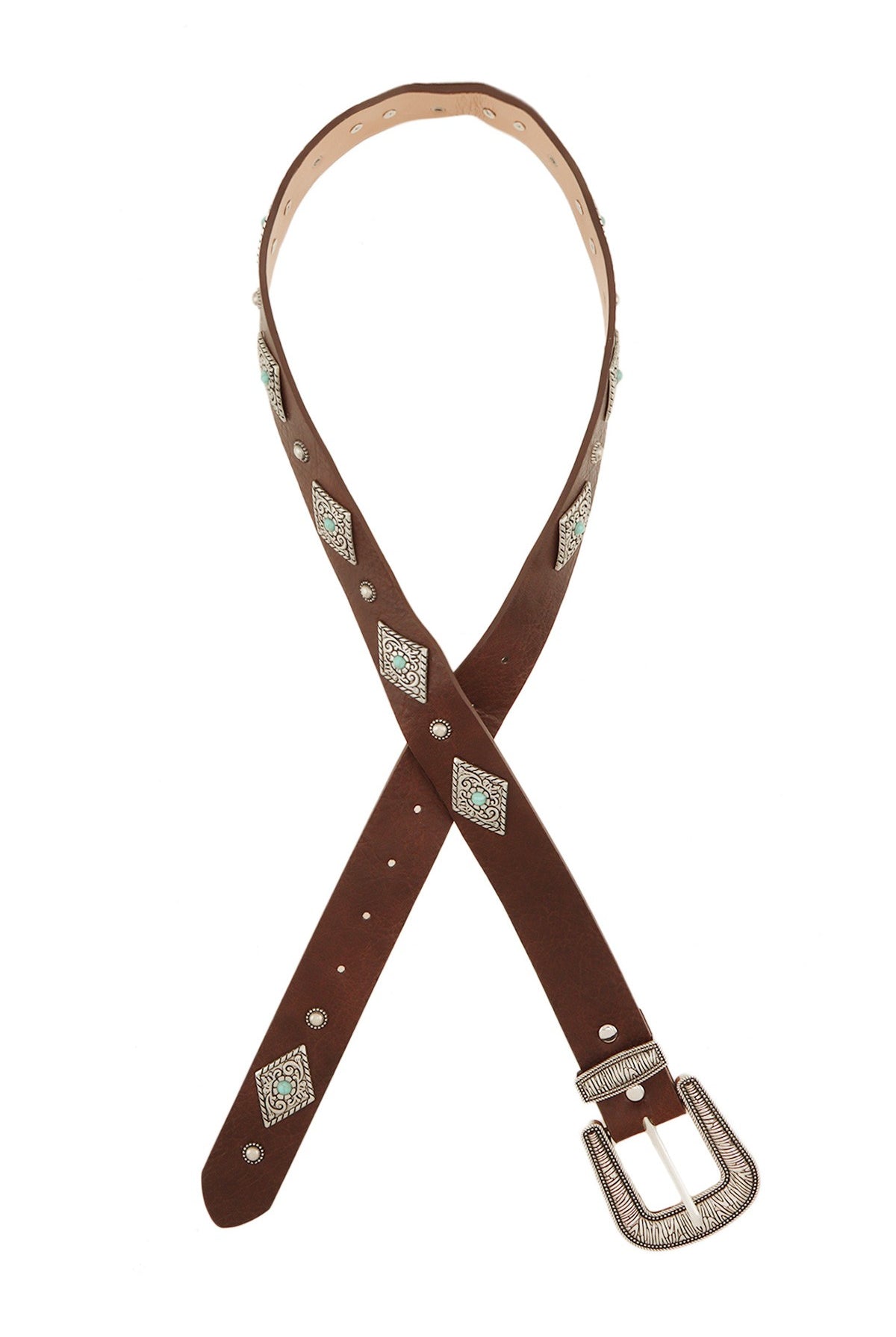 Turquoise beaded Western diamond concho leather belt with silver accents, featuring intricate beadwork and concho details.