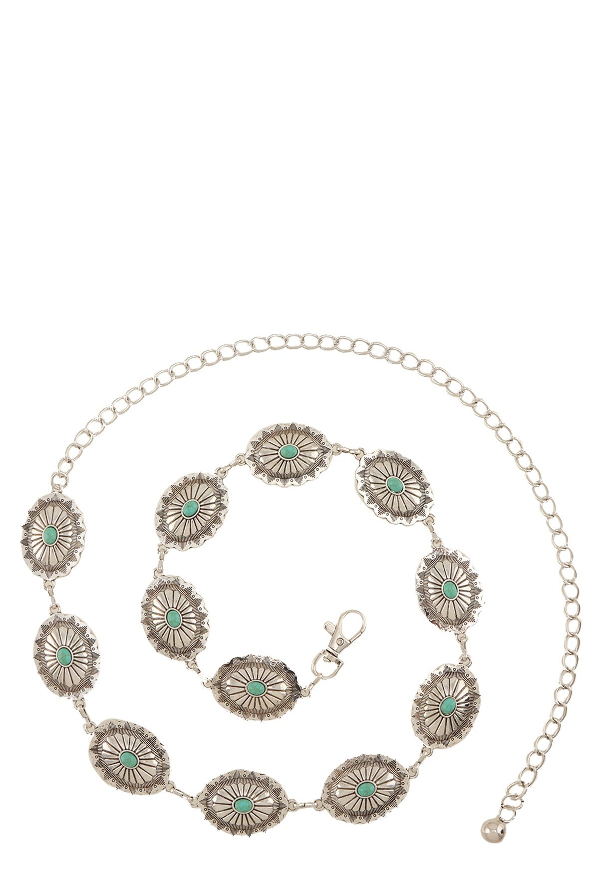 Turquoise studded western engraved disc chain belt with silver-tone hardware and detailed craftsmanship, by RARA Boutique.