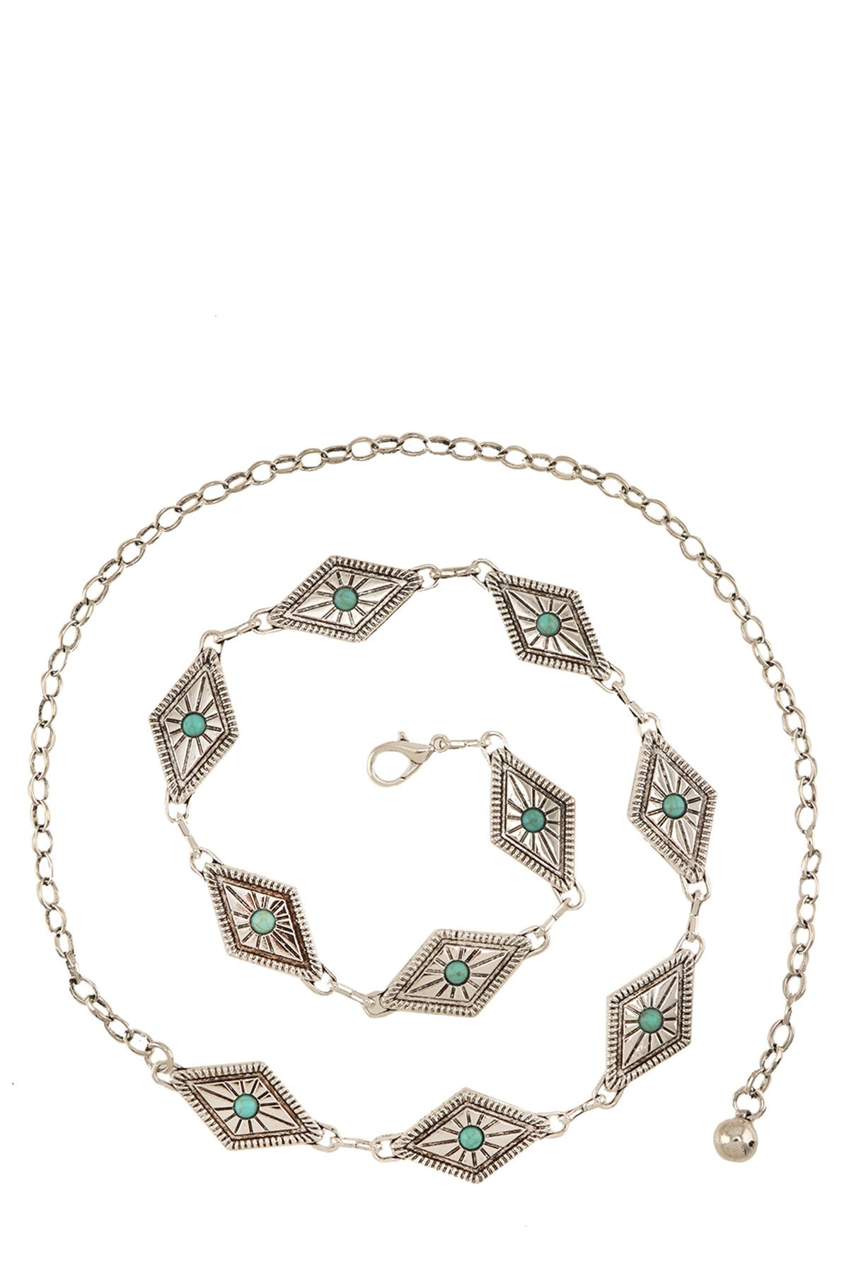 Turquoise studded western engraved disc chain belt with detailed metalwork, perfect for boho and western fashion styles.