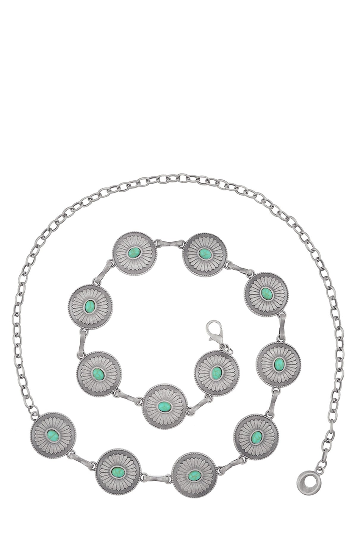 Turquoise studded western engraved disc chain belt with silver-tone details, featuring intricate designs and a stylish boho look.