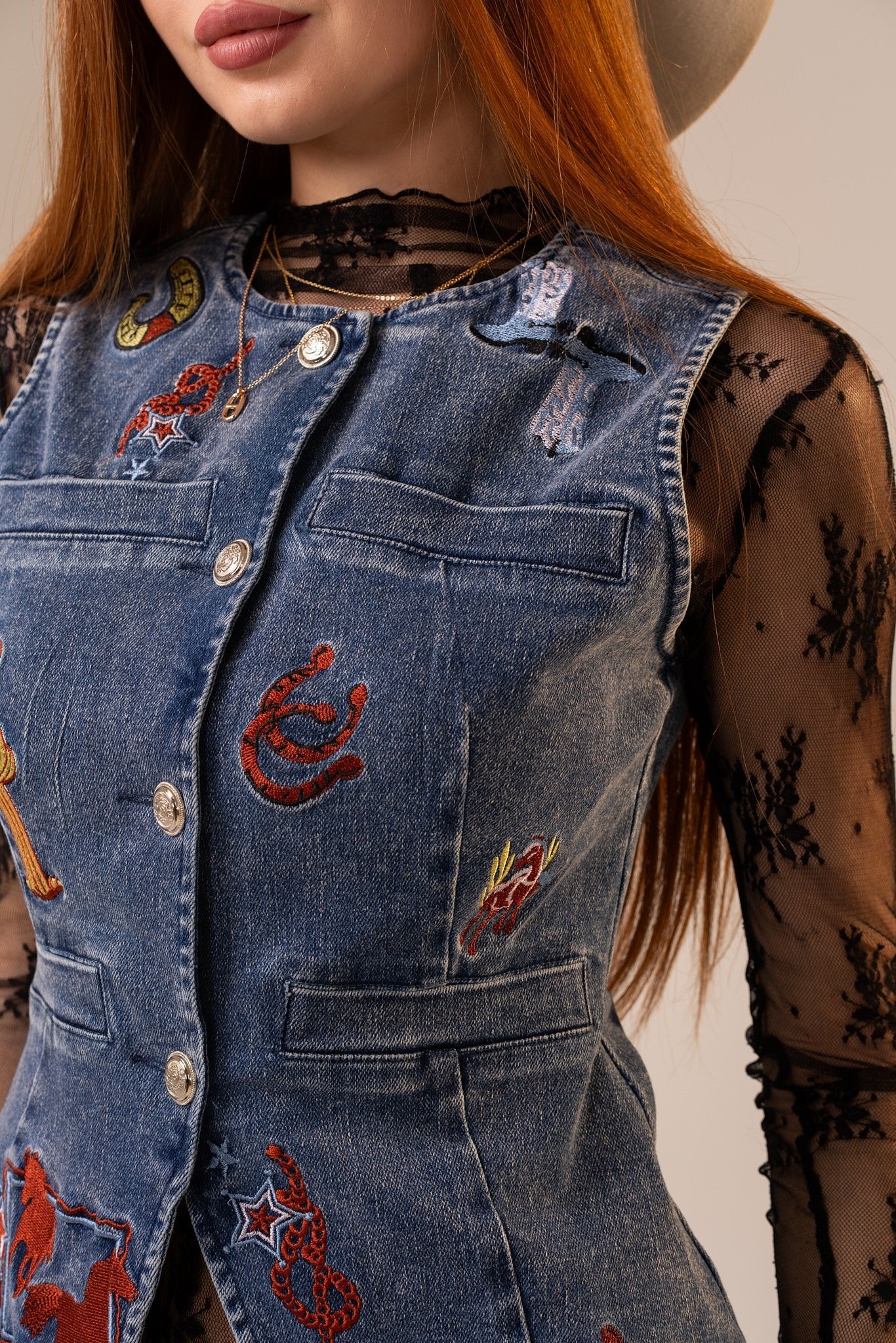 Western Embroidered Denim Vest Top - Blue B - RARA Boutique