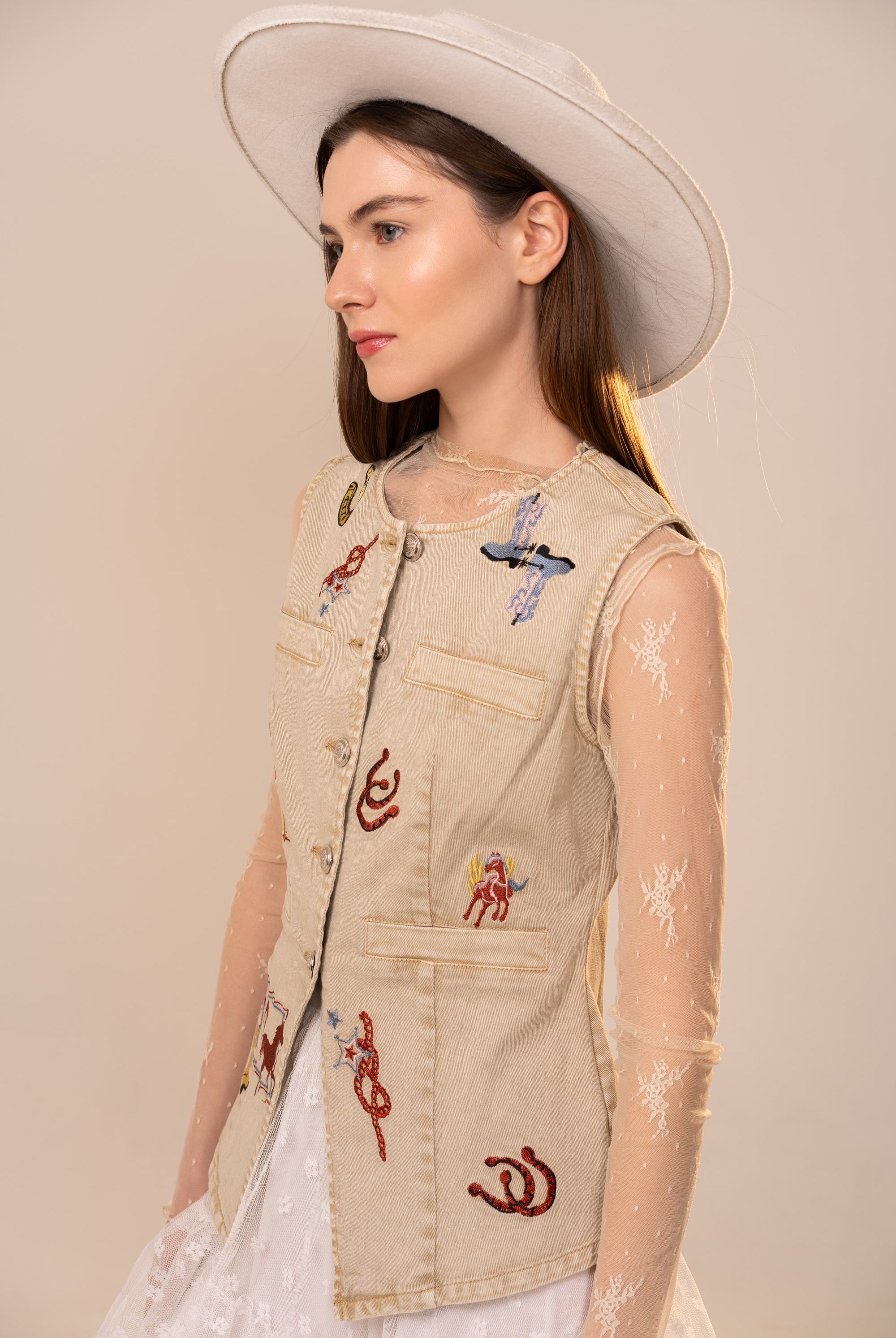 Western Embroidered Denim Vest Top - Blue B - RARA Boutique