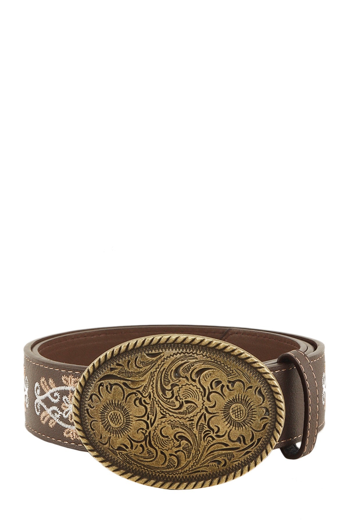 Floral embroidered Western oval buckle belt from RARA Boutique with intricate floral embroidery and polished metal buckle.