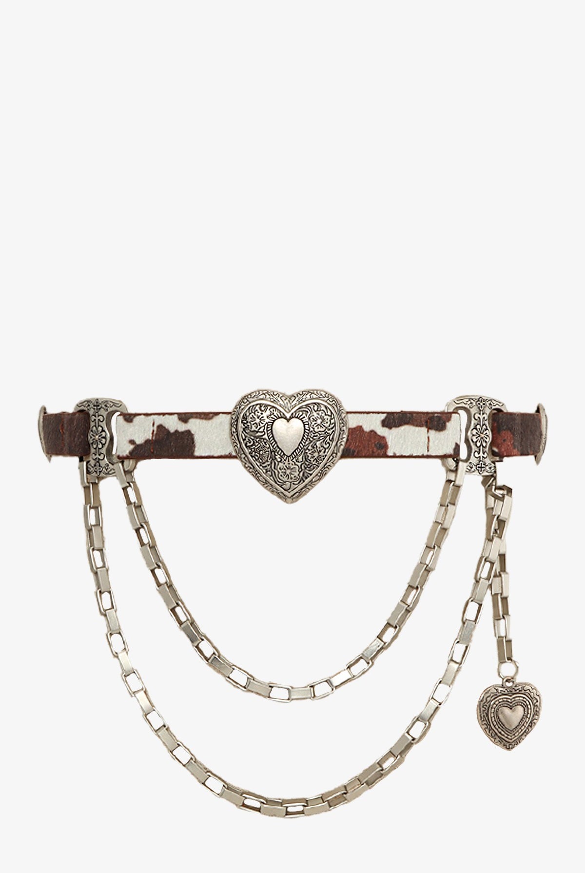 Engraved heart concho western cowhide chain belt with metal accents, featuring detailed engravings and a classic western style.