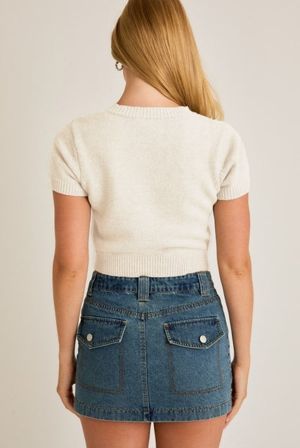 Short Sleeve Crew Neck Teddy Bear Sweater Crop Top - Le Lis - RARA Boutique