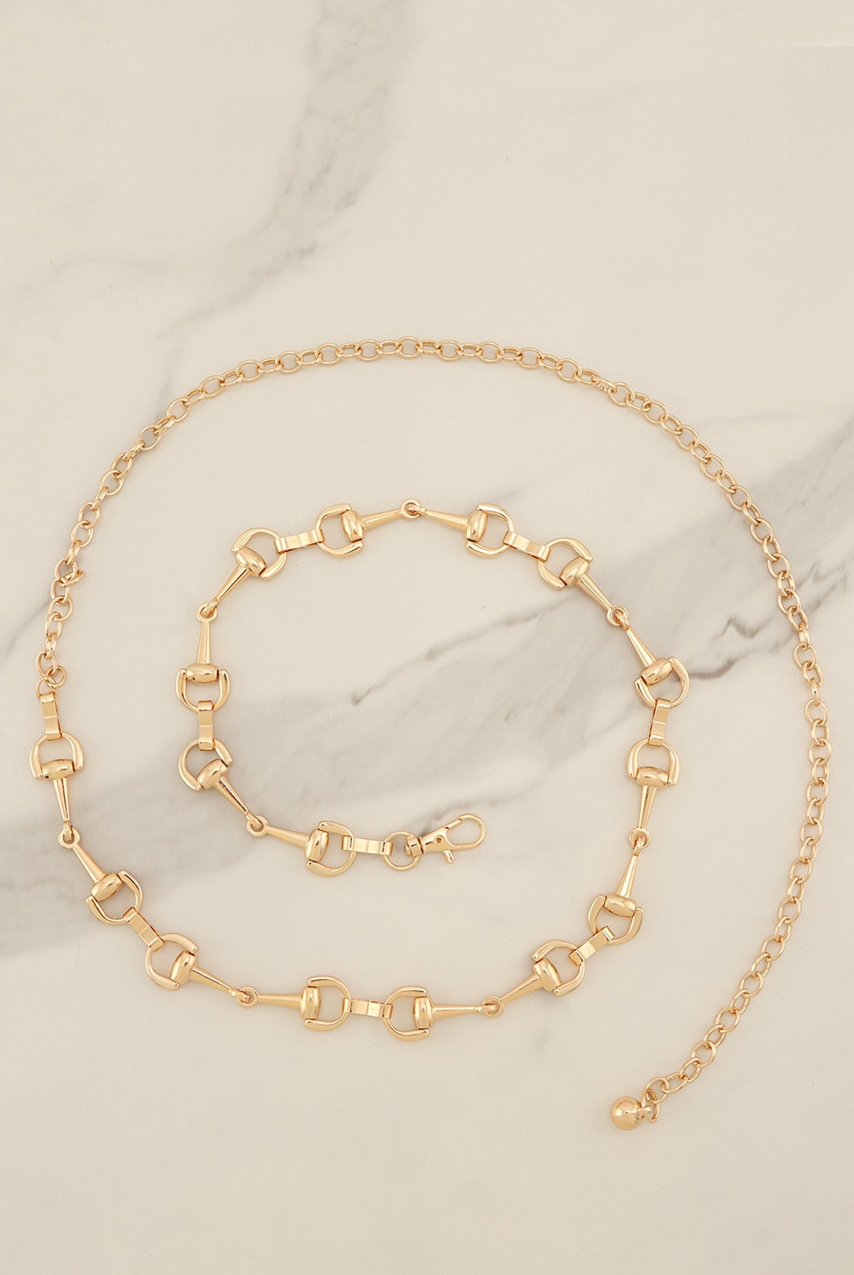 Interlocking horse bit chain belt from RARA Boutique, featuring a stylish equestrian-inspired design with metal links.