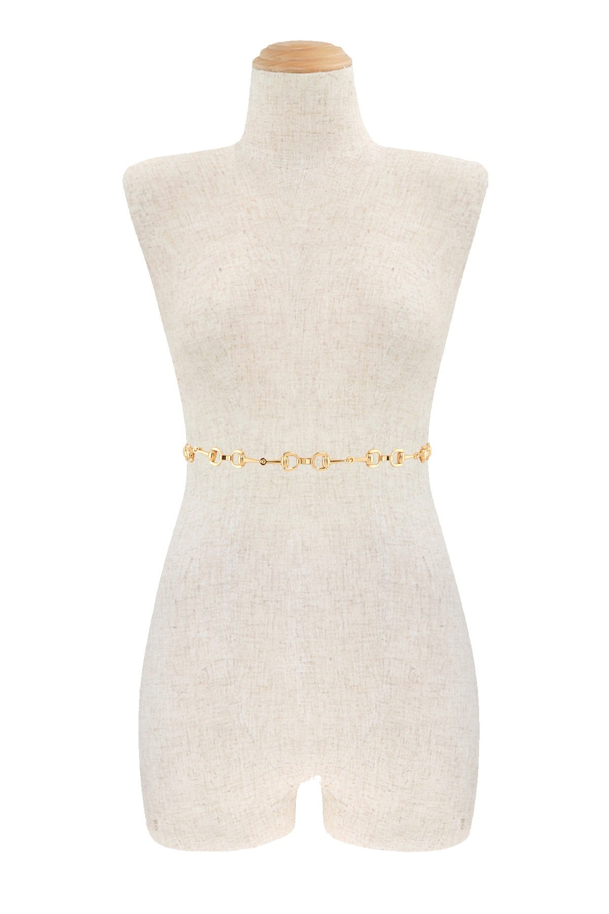 Interlocking horse bit chain belt from RARA Boutique, featuring metallic links and equestrian-inspired design.