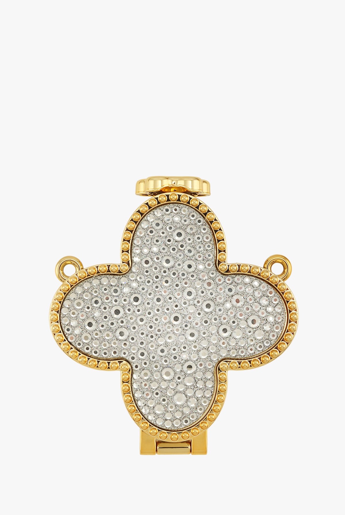 RARA Boutique rhinestone clover mirrored micro clutch bag with sparkling rhinestones and compact design for evening use.