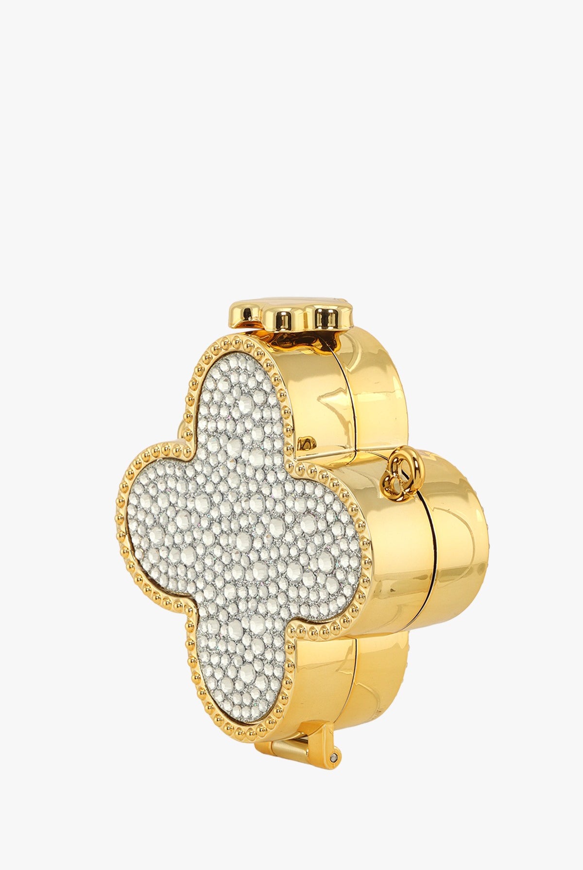 RARA Boutique rhinestone clover mirrored micro clutch bag with sparkling embellishments and compact design for evening events.