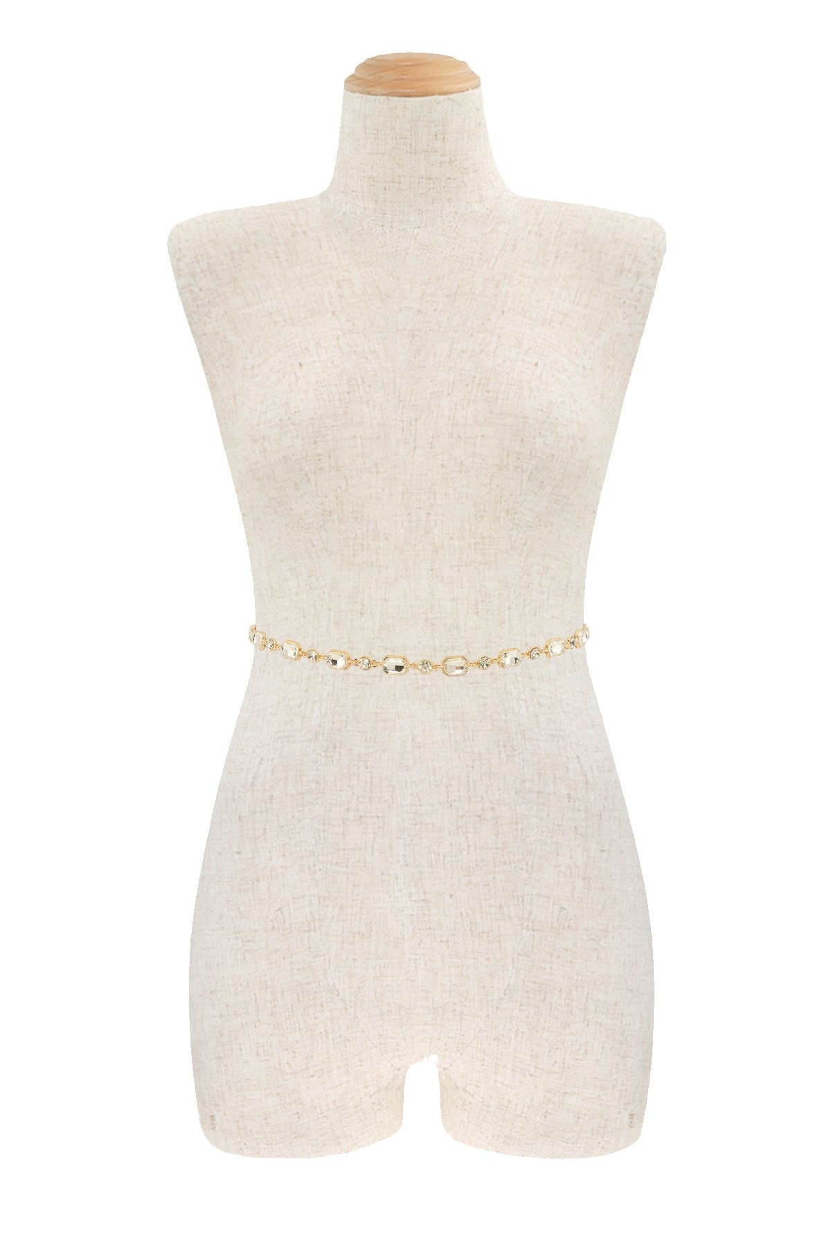 Emerald-cut crystal chain belt from RARA Boutique featuring sparkling crystal links and a sleek design for stylish wear.