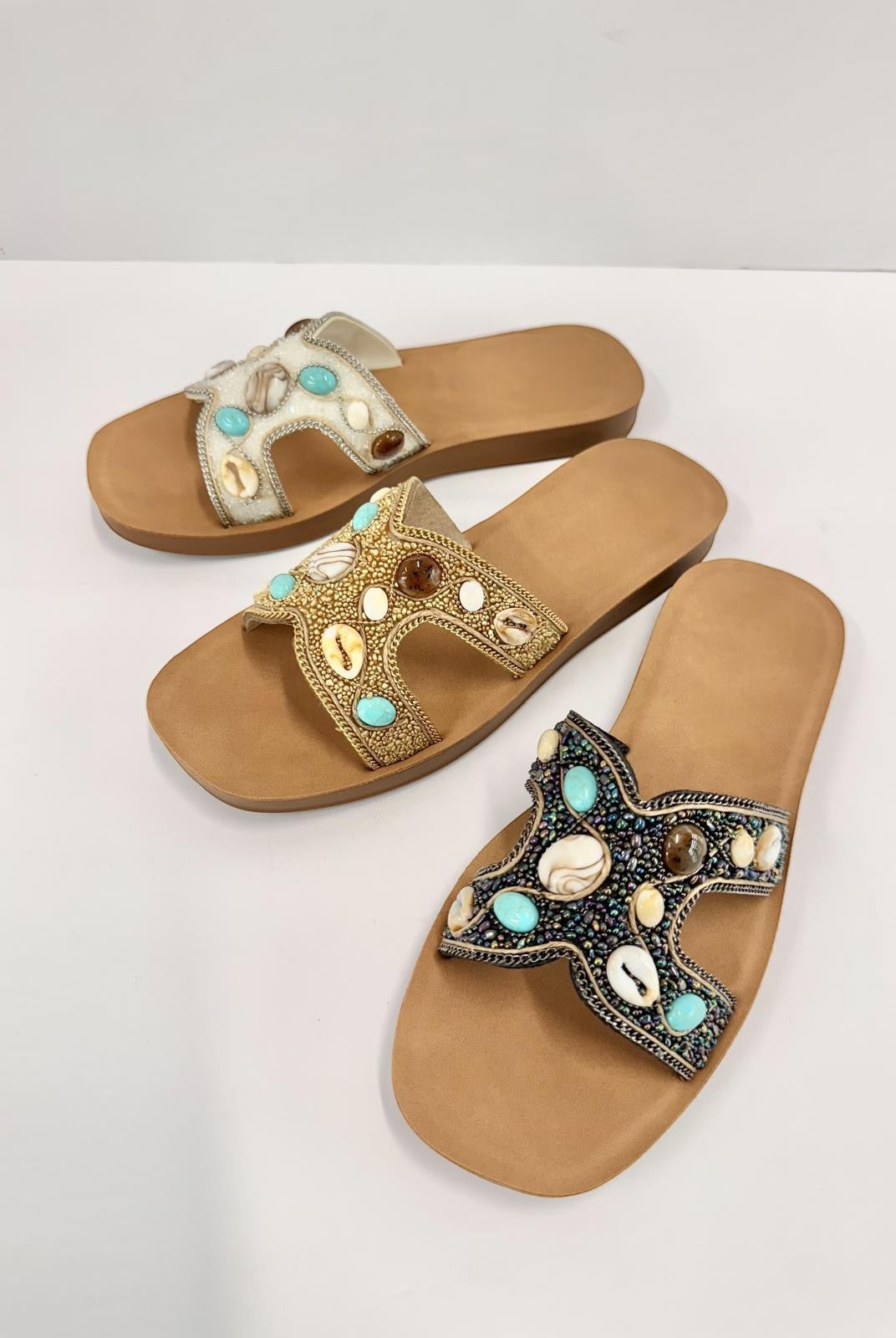 RARA Boutique boho slide sandals with seashell and beaded H-strap design, featuring a comfortable open-toe sandal style.